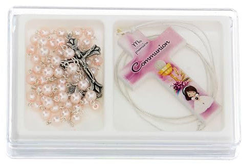 Set zur Kommunion auf Franz?sisch mit rosa Rosenkranz und Kreuz