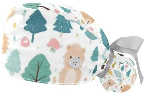 2 Stücke，OP-Hauben für Frauen，OP-Kappe，OP-Haarnetz für Frauen,Für die Küche,Baum Wald Tier