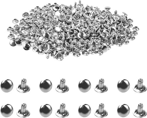 200 Sets Leather Rivets, 8mm Double Cap Rivet Tubular Metal Studs with 8mm Cap for Repairs Decoration, Round Rapid Rivets Button Studs Punk Spike for DIY Leather Craft/Hats/Purse/Shoes/Bag (Silver)