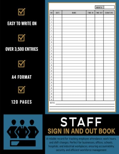 Staff Sign In and Out Book: A Reliable Record for Tracking Employee Attendance, Work Hours, and Shift Changes. Perfect for businesses, offices, schools, hospitals, and industrial workplaces.