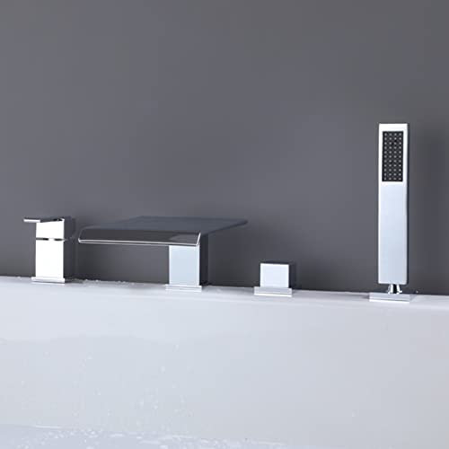 Wasserfall Badezimmer Wannenarmatur Mischbatterie 4 Loch Badewannenarmatur Wasserfall mit Handbrause Langem Auslauf Chrom