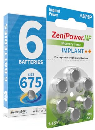 Hearing360 baterías para implantes cocleares PR44 mide 675P, potencia constante y larga vida útil, pilas libres de mercurio con tecnología zinc-aire (1 blister, 6, baterías)