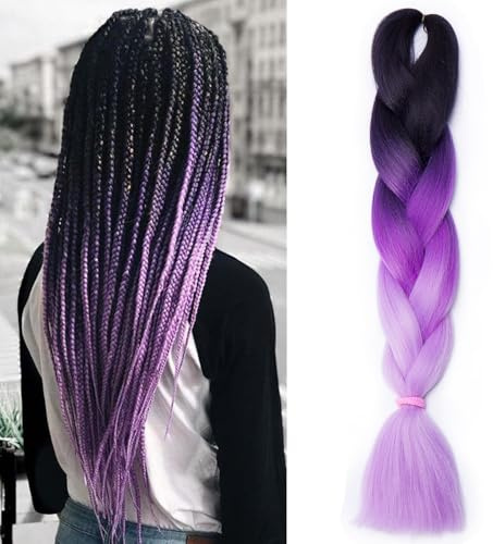 Benehair Extensions de cheveux synthétiques Ombre Jumbo à tresser en boîte de tresses, pour femmes et filles, couleur noir/violet/lila clair, 60 cm