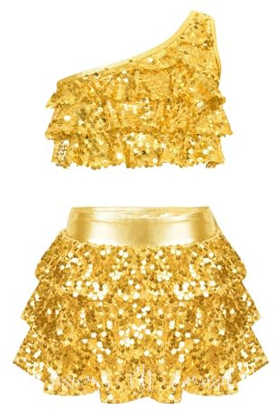 Riismen Vestito da Ballo Bambina Latino Americano Paillettes Abito da Ballo ​​Tutu Monospalla Crop Top Tango Costume Salsa Jazz Dancewear Artistico Vestito da Pattinaggio Oro 13-14 anni