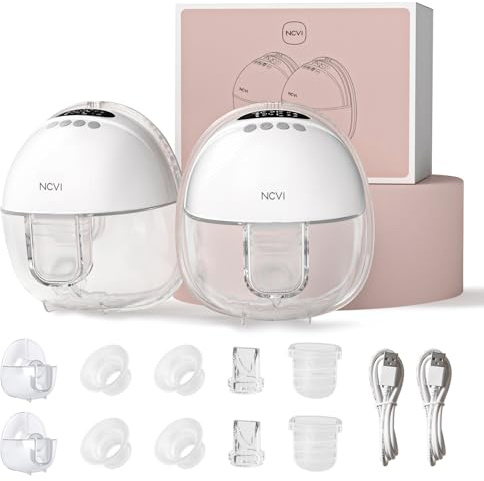 NCVI Elektrische Milchpumpe Tragbar Freihändig | Milchpumpe Elektrisch mit 4 Modi 9 Stufen, Superleise, USB-Aufladung, LED-Display, 19/21/24 mm Flansch, 10 Beutel, 150 Min Laufzeit (2Packs, Weiß)