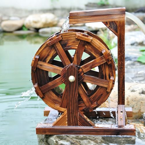 Fontana in legno a forma di ruota d'acqua con supporto, decorazione rustica vintage da giardino, fontana Fengshui per patio, stagno, piscina, ruota d'acqua ornamentale per una maggiore serenità