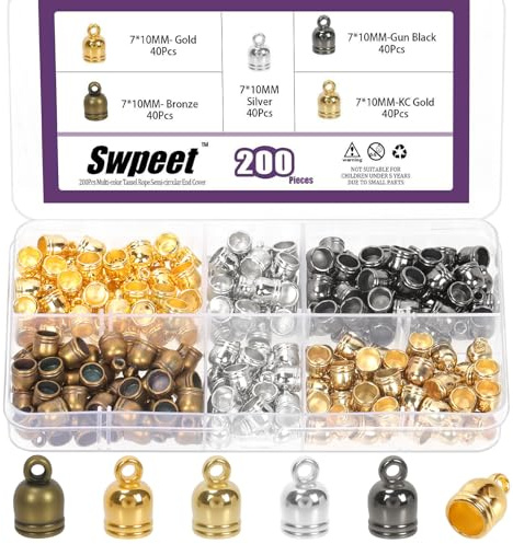 Swpeet 200pcs 5 Farbe 7 × 10mm Tassel Cord End Cap mit Loop Ring Kit, Leder endet Caps, Kleber in Leder Fass Steckverbinder, Cords endet Perlen Cap für DIY Ohrringe Anhänger Schmuck Herstellung