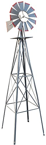 8FT Heavy Duty Metal Garden Decoration Windmill, Weather Resistant Resistant Rust Proof Decorative Windmill with 4 Leg Design for Yard, Lawn and Backyard, Gray & Red