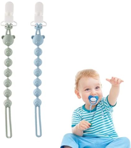 2PCS Silicone Dummy Clip,One Piece Design Pacifier Holder for Boys and Girls,Wooden Soother Clips Design, Dummy Clip with Soft Bear Design,Pacifier Clips Easy to Clean(Blue and Green)