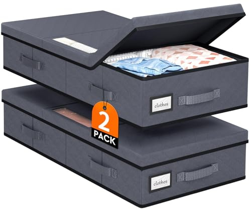 StoreHappily Under Bed Storage Containers with Lids - 2 Pack, Foldable and Stackable Clothes Storage Bags with Clear Window, 3-Sided Handles and Label Slot for Clothing, Blankets, Pillows (Grey)