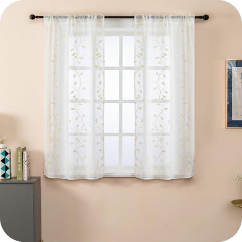 GIRASOLE HOME® Coppia Tende Bali Filtranti in Simil Lino Fantasia Rampicanti Tenda per Finestra e Interni 2 Pannelli da 55x140cm con Tasca e Passanti Nascosti, Crema