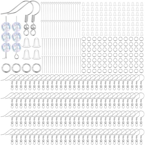 1000 Stück Ohrring Haken Set, Ohrringe Selber Machen Hypoallergene mit Edelstahl Ohrringhake Spule Biegeringen Nietstifte Ohrstopper, Kettelstifte für DIY Ohrhänger schmuckherstellung zubehör(Silber)