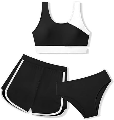 Xumplo Girls 3 Piece Bikini Set Young Kids Color Block Swimming Costume with Shorts Bathing Suit Tweens Surfing Swimwear 12-13 Years Black