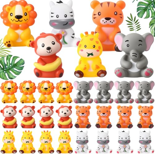 Blueweenly 24 Pcs Rubber Jungle Safari Animal Bulk Zoo Animal Figures Toys Wild Jungle Birthday Party Favors Zebra Elephant Monkey Lion Giraffe Bath Toys for Kids Birthday Baby Shower Classroom Prize
