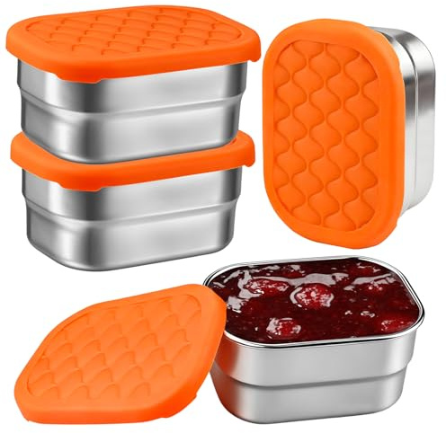 4 Stück 230 ml Edelstahl Snackbox - 8 Oz Salatdressing Behälter mit Deckel aus Silikon, Kleine Dressing Behälter, Tragbare Snackbehälter für Kita Schule Reise Picknick für Gewürze Obst Tomatensauce