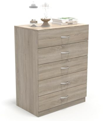 DORMIDAN - Cómoda 5 cajones guías metálicas, habitación Dormitorio, Armario con cajoneras. (Roble)