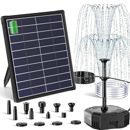 Biling 6.5W Solar Pond Filter Pump with Backup Battery 10 Fountain Heads 300L/H Flow for 150-500L Garden Ponds Bird Baths and Water Features