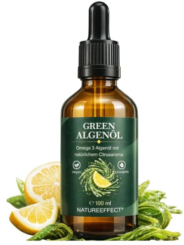 Algenöl (Zitrone) mit Omega 3 - Vegan & Hochdosiert - DHA, EPA & DPA - 100 ml in Braunglasflasche inkl. Pipette - Sonnenblumen Trägeröl