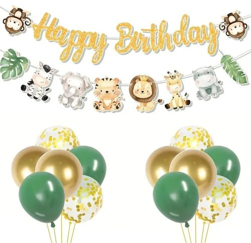 Dekoration für Geburtstagsfeier, Dschungel, 12 Stück, Luftballons zum Geburtstag, Grün, Gold, Konfetti, Luftballons