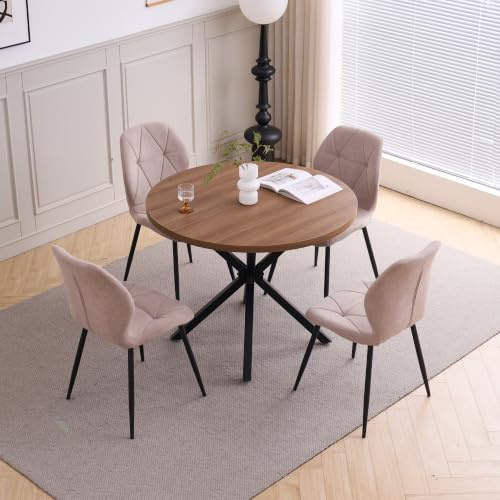 HJhomeheart Esstisch und Stuhlset, 100 cm Runder Esstisch und 4 Moderne Leinenstühle, für Esszimmer, Küche, Wohnzimmer (Dunkel+ Khaki)