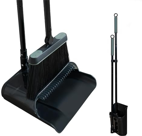 Foxence Upright Dustpan and Brush Set with Long Handle, 180° Rotating Broom Head, No Bending Required, Standing Broom and Dustpan Set with Self-Cleaning Comb Teeth, Clip-On Mop Feature