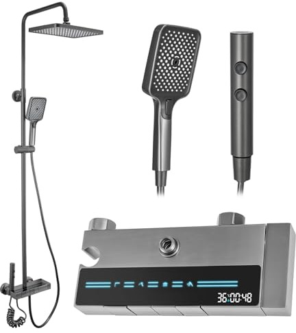 Trintion Duschsets Duschstangen Thermostatische Duschmischer mit zwei Köpfen Verstellbare Kopfbrausen Badezimmer Duschköpfe Handbrausen (Multifunktions-Duschkopf (Digitalanzeige), Schwarz)