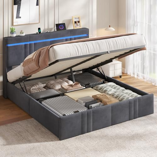 AOGLLATI Polsterbett 160×200 mit Stauraum(Gray,160x200cm) | Doppelbett 160×200 mit Steckdosen und LED-Beleuchtung,30cm Hydraulischer Stauraum,Edler Samtstoff