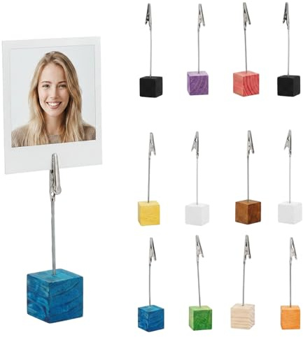 RzuoQnt 12 Stück Fotohalter mit Klammern Set, Bunte Kartenhalter Holz Memo Clip Halter, Fotoständer für Bilder, Notizen und Tischkarten