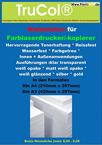 10 Blatt DIN A4 silber glänzende Polyester-Folie Klebefolie Druckerfolie, klebend, zum Bedrucken, Wetterfest, outdoor für Laserdrucker + Kopierer. Klebt auf Platten aus Plastik, Glas, Metall oder auf anderen lackierten flachen und glatten Oberflächen. Für selbstklebende Etiketten, Aufkleber, Banderolen, Hinweis- und Typenschilder.