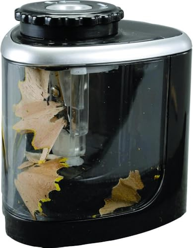 bind 70520 - Elektrischer Anspitzer schwarz-transparent, automatischer Spitzer für Standard Stiftstärken, Spitzmaschine ca. 7 x 6 x 7 cm, batteriebetriebener Bleistiftspitzer mit Auffangbehälter