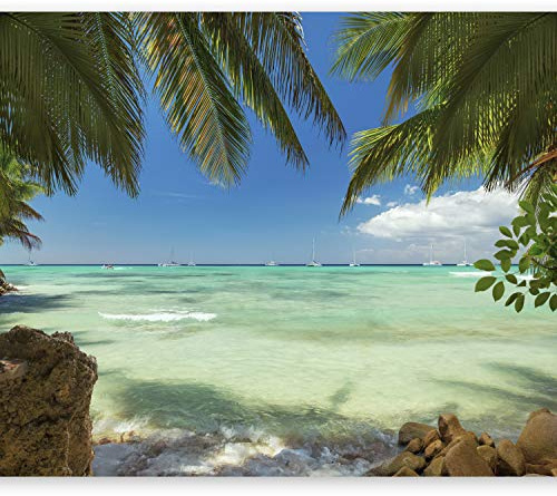 Wallpaper, Wall Mural Beach & Sea 250x175 cm / 98.4 x 68.9 | Non-woven Premium Art Print Fleece Wall Mural Decoration Poster Picture Design Modern Nature Sea Ocean Palm Tree Tropical