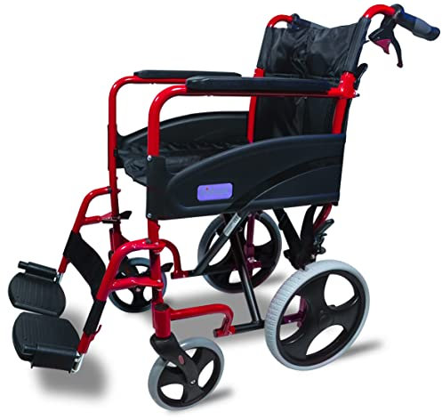 Aidapt Folding Lightweight Attendant Propelled Aluminium Wheelchair With 18 Seat, Brakes, Lap Strap, Padded Upholstery, Removable Foot Rests and Side Panels for Privacy. Indoors and Outside