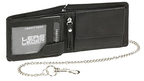 LEAS Mini-Bikerbörse mit Riegel im Querformat mit Chrom-Kette Trucker Echt-Leder, schwarz Chain-Series