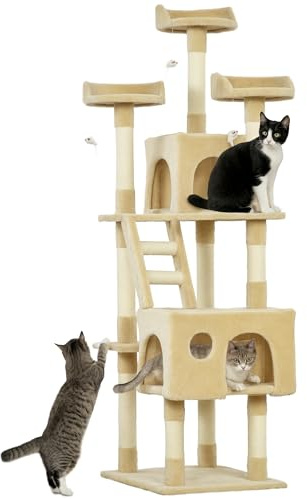 PawHut Rascador Árbol para Gatos Grande 60x49x180 cm con Poste de Arañar Múltiples Plataformas Escaleras Cuevas Juguetes Centro de Actividades Beige