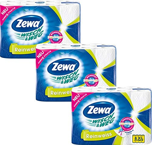 Zewa Wisch und Weg Küchenrollen Reinweiss, saugstarke Wischtücher in hellem Weiß, 3 x 8 Rollen (24 x 45 Blatt)