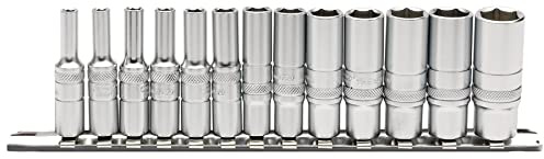 Draper 16490 1/4-Inch Square Drive Metric 13 Piece Deep Sockets on Metal Rail