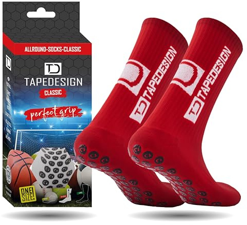 Tapedesign - Classic 1 Paia Rosso Calze Antiscivolo Uomo Donna per Calcio (37-48) Grip Socks Calzini Sportivi Football Socks Calzettoni
