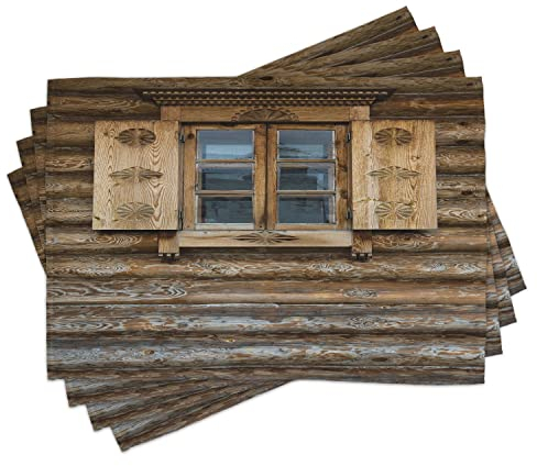 ABAKUHAUS Fensterläden Platzmatten, Fenster mit den Fensterläden Gemustert auf der Wand des Alten Holzhaus-Häuschen-Druckes, Tiscjdeco aus Farbfesten Stoff für das Esszimmer und Küch, Beige Braun