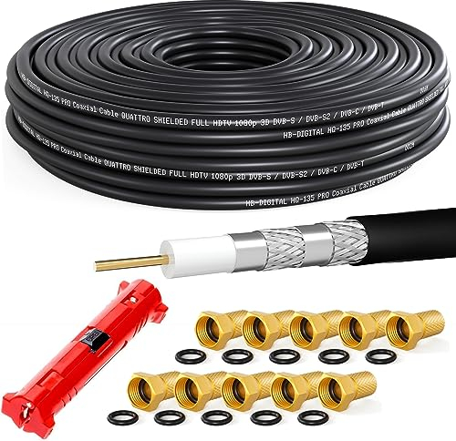HB-DIGITAL 30m SAT cavo coassiale HQ-135dB PRO incl. pinze spelafili + 10 connettori F placcati in oro Cavo antenna satellitare 4 volte schermato per sistemi radio BK DVB-S/S2 DVB-C/C2 DVB-T/T2 DAB+