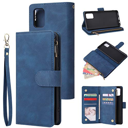 QLTYPRI Case for Samsung Galaxy A51, Large Capacity Leather Wallet Case 6 Card Holder & 1 Zipper Pocket Kickstand Wrist Strap Magnetic Protective Cover for Samsung Galaxy A51 - Blue