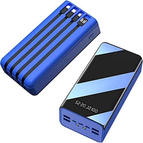 Batterie Externe 50000Mah Power Bank avec 4 Câbles Intégrés Charge Rapide Compact Portable 4 Entrées Et 7 Sorties avec Lampe De Poche LED Et Écran LCD Batterie Portable pour Iphone Ipad,Bleu