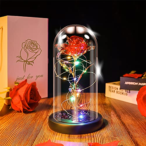 Ptesuply Beauty and The Beast Rose Lamp In the Glass Dome, Eternal Rose Artificial Flower with LED Light, Gift for Women Girl for Birthday Valentine's Day Mother's Day Christmas Anniversary