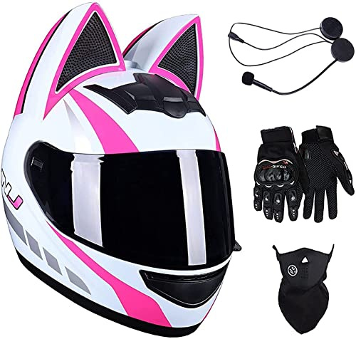 Casco De Moto De Cara Completa Cat Ears Con Auriculares Bluetooth Certificado ECE Casco De Moto Personalizado Elegante Con Lente Negra/Chapada En Oro Disponible En Four Seasons B1,M=54-56CM