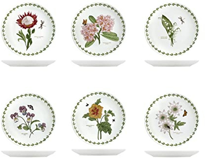 H&H Set di 6 Piatti da Frutta, Flowers, in Porcellana, 21 cm, Bordo Decorato in Verde con Illustrazioni Botaniche Assortite, Lavabili in Lavastoviglie e Adatti al Microonde