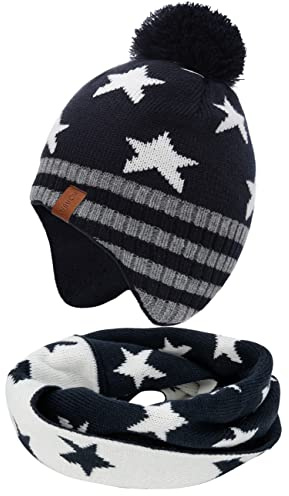 Foruhoo Jungen Wintermütze Beanie Hut, Mädchen Strickmütze Mütze mit Bommel(Marineblau Set,55)