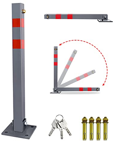 Ansobea Parkpfosten mit 3 Schlüssel klappbar Absperrpfosten, Stahl Parkplatzsperre Parkplatzsperren mit Reflexstreifen, Robust Standfuß Sperrpfosten Set