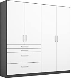 Rauch Möbel HARBURG, Kleiderschrank, Farbe Weiß/Grau metallic, Breite 181cm | Schrank, 4-türig, 4 Schubladen, für Schlafzimmer, Kinderzimmer, Wohnzimmer, Garderobe, Flur