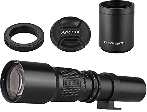 Andoer 500mm/1000mm Téléobjectif pour Appareil Photo Haute Puissance Mise au Point Manuelle avec 2X Convertisseur Couvercle d'objectif Protecteur d'objectif Sac de Transport pour la Photographie