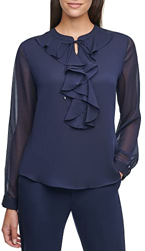 Tommy Hilfiger Long Sleeve Ruffle V-Neck Blouse, Midnight, S Femme