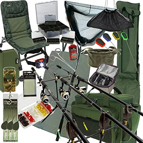 Deluxe Carp Fishing Setup Rods Reels Foldable Camo Chair Holdall Bags Unhooking Mat Landing Net Tackle Box Weighing Scales (2 Rod Setup)